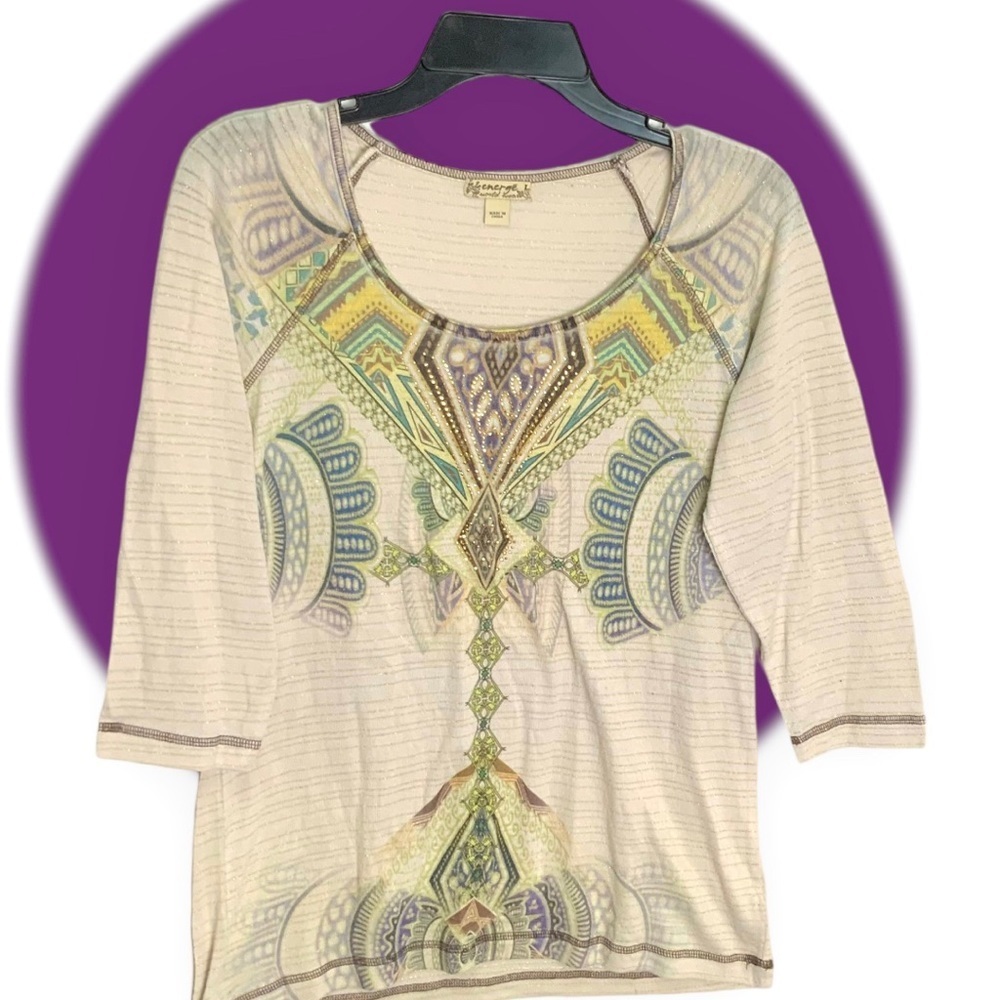 Energe beige Knit Top w Geometric Design & Gold Metallic Stripes Wm L